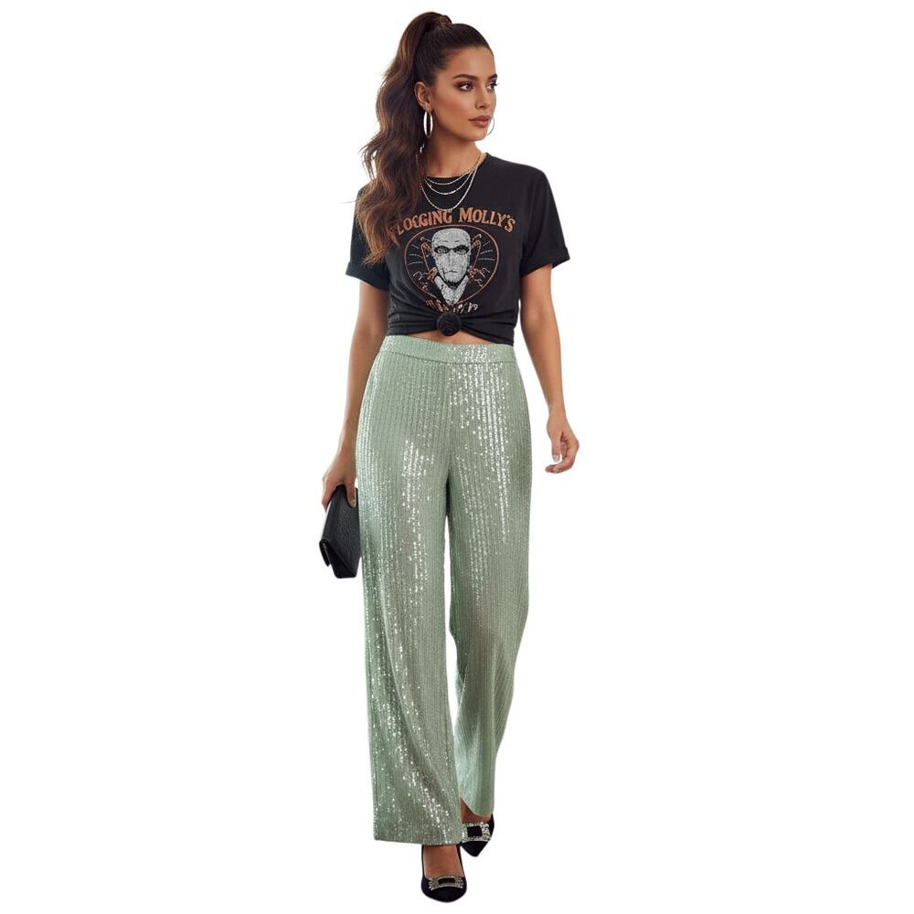 House of Harlow 1960‎ Sequin Pants Womens 6 Wide Leg High Rise Pistachio Green